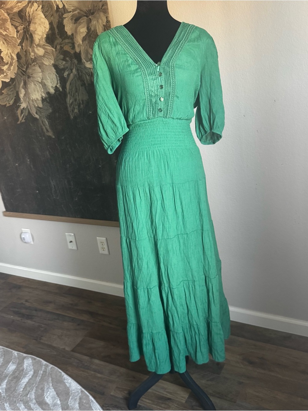 Smocked Waist Green V-Neck Tiered Maxi Dress